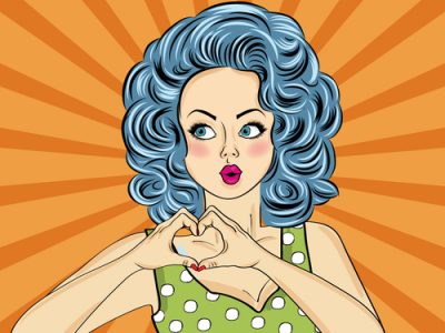 Pop art woman making heart sign with hands. Comic woman . Pin up