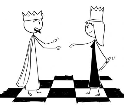 Cartoon Metaphor of Chess White King Welcoming Black Queen With Hidden Knife