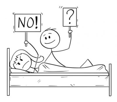 Cartoon of Couple in Bed, Man Wants Sexual Intercourse, Woman is Rejecting