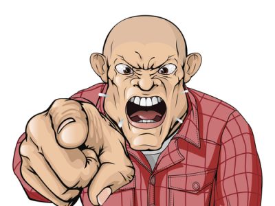Angry man with shaved head shouting and pointing