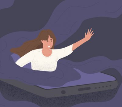 women character drowning in social media phone illustration