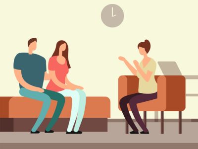Patient on couch counseling with psychologist. Addiction mental therapy vector concept