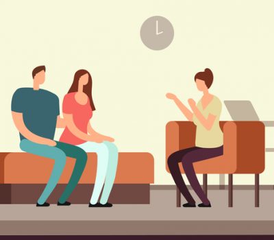 Patient on couch counseling with psychologist. Addiction mental therapy vector concept