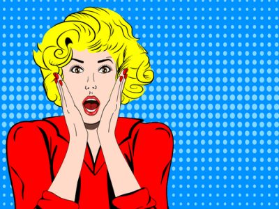 Vector woman shocked face with open mouth in pop art comics style. Retro amazed girl . surprised or panic emotions