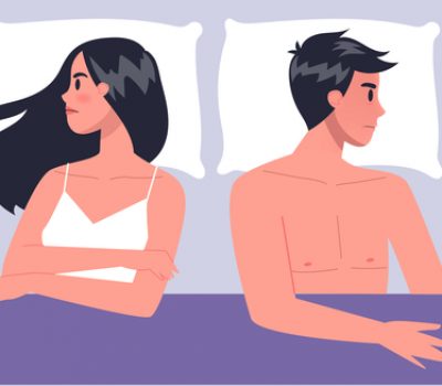 Pair of man and woman lying turned away in bed. Concept of sexual