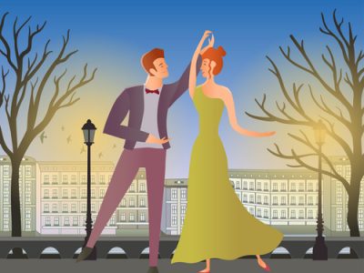 Young couple. Man and woman dancing ballroom dance in the street of the old town. Vector illustration.