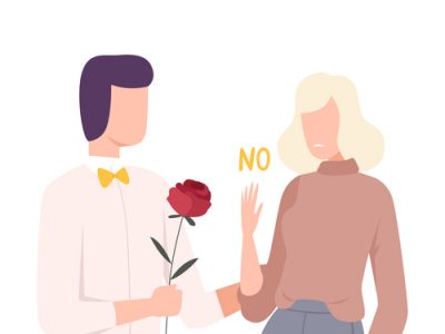 Young Woman Rejecting Feelings of Loving Man, Male and Female Characters Experiencing Unrequited Feelings, One Sided or Rejected Love Flat Vector Illustration on White Background.