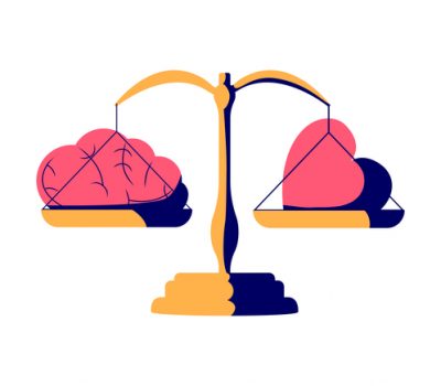 Gut instincts vector illustration. Brain vs heart flat tiny persons concept. Symbolic creative scene with seesaw and love in one side and practical in opposite. Emotional instincts and logic balance.