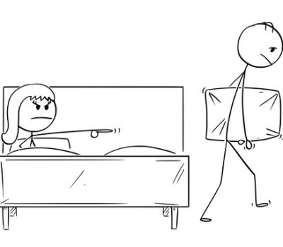 Cartoon of Man Expelled From Bed By Woman