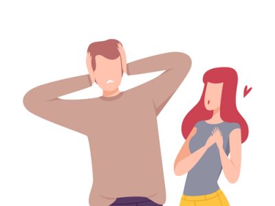 Annoying Woman Trying to Present her Heart to Man Refusing to Take It, Male and Female Characters Experiencing Unrequited Feelings, One Sided or Rejected Love Flat Vector Illustration on White Background.