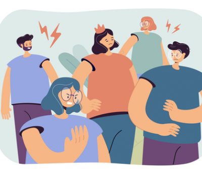 Arrogant selfish person in crown making group of people annoyed and angry. Lonely girl having behavior problems. Vector illustration for aggressive society, bad communication concept