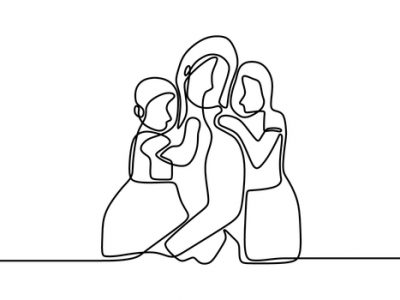 Mather and his two children of daughter continuous one line drawing Mather's day theme. Drawn from the hand picture silhouette. Family concept. Character daughter and mom are engaged.