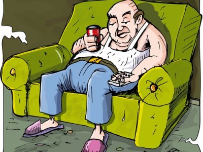 Cartoon of lazy drinking man on a couch with TV remote