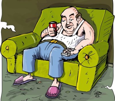 Cartoon of lazy drinking man on a couch with TV remote