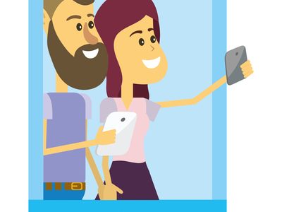 Young couple using social networks from smartphone cartoons vector illustration graphic design