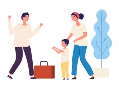 Dad is coming home from work. Vector happy family concept. Cute child, wife and husband