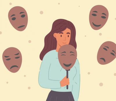 Woman covering her face with masks expressing various emotions. Concept of changing natural personality to conform to social requirements and pressure. Flat vector illustration.