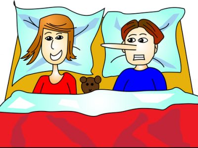 Woman and man in bed making a lie