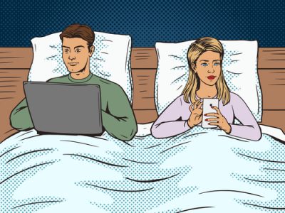 Young couple bed and gadget pop art style vector