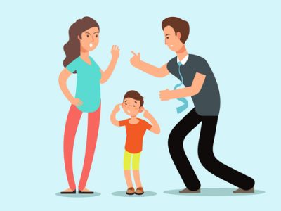 Angry husband and wife swear in presence of unhappy scared kid. Family conflict vector cartoon concept