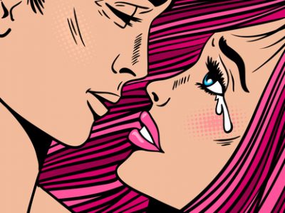 Pop art love kissing couple. Crying woman with pink hair and ope