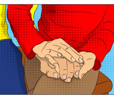 Close up of a woman holding a male hand. People holding hands. Showing candid feelings like love, trust, appreciation, hope, compassion or saying sorry - comic book style, cartoon vector illustration.