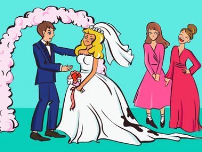 Sad bride with dirty dress, cartoon style vector illustration.