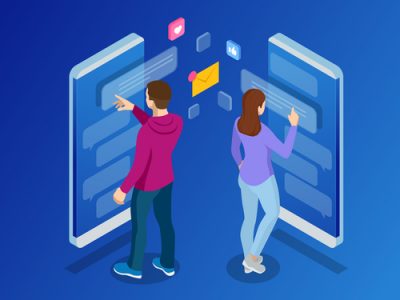 Isometric woman and man typing on mobile smartphone. Live Chat. Sms messages and Speech bubbles. Short message service bubbles. Flat vector illustration.