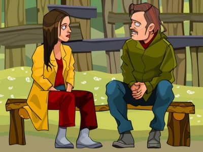 cartoon man and woman find out the relationship sitting on a bench