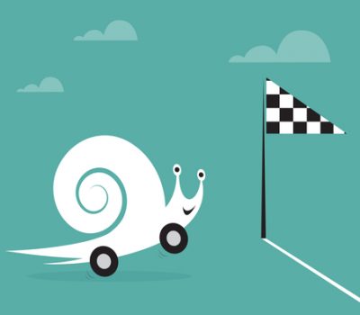 Snail on wheels like a car. Concept of speed and success.