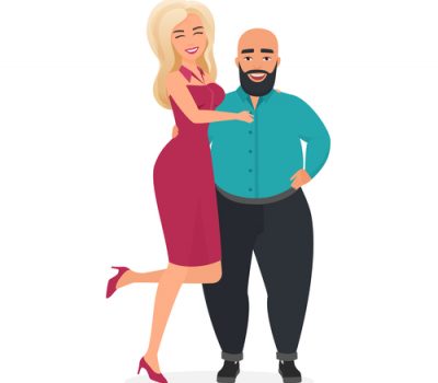 Happy smiling cute couple character flat vector illustration concept. Beautiful blond lady on heels in elegance purple dress stands, flirts and hugs her heart friend, overweight bald bearded man