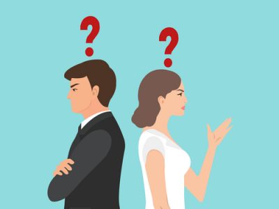 Vector of an angry couple standing back to back have many problems and questions