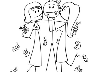 Cartoon of Successful and Rich Man or Businessman With Two Girls Hugging Him for Money