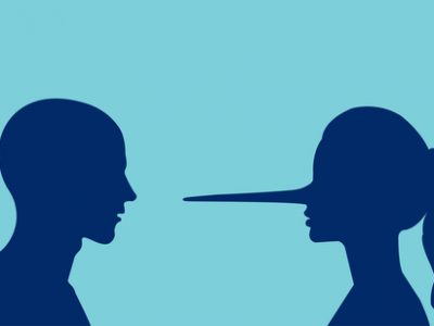 Vector of a man looking at a lying girl with a long nose.